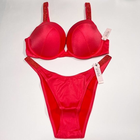 Victoria Secret 40D L SEXY TEE Push Up Bikini Top Bottom Set Shine Strap Pink - Picture 1 of 14
